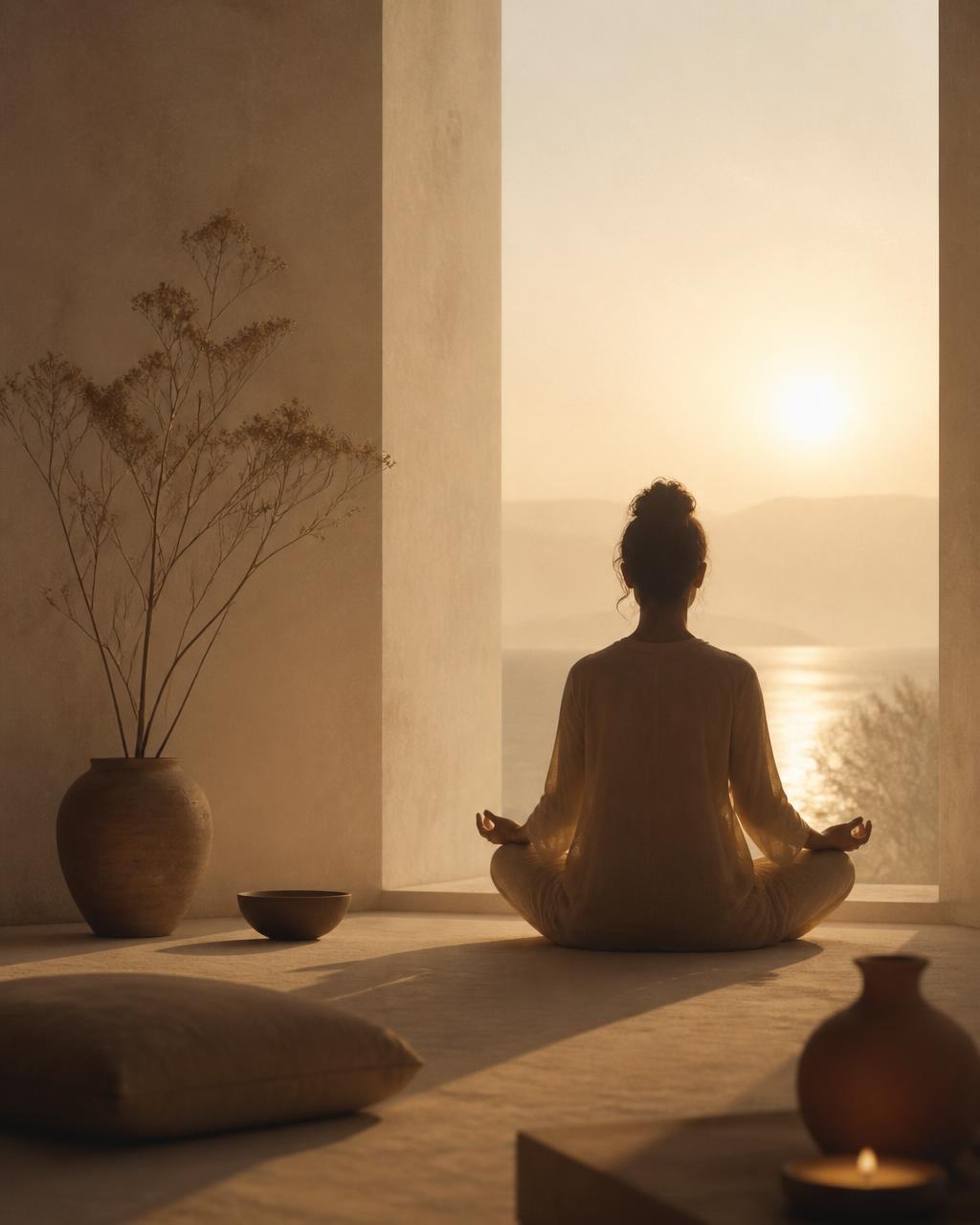 A person seated in meditation in a warm, sunlit room